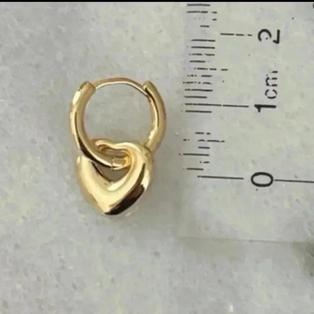 Gold Bubble Heart Charm Dangle Huggie Hoop Earrings - Picture 4 of 5